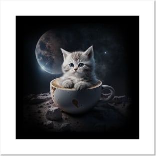 Kitten Cat in the Coffee Mug Space & Galaxy Theme Stars Posters and Art